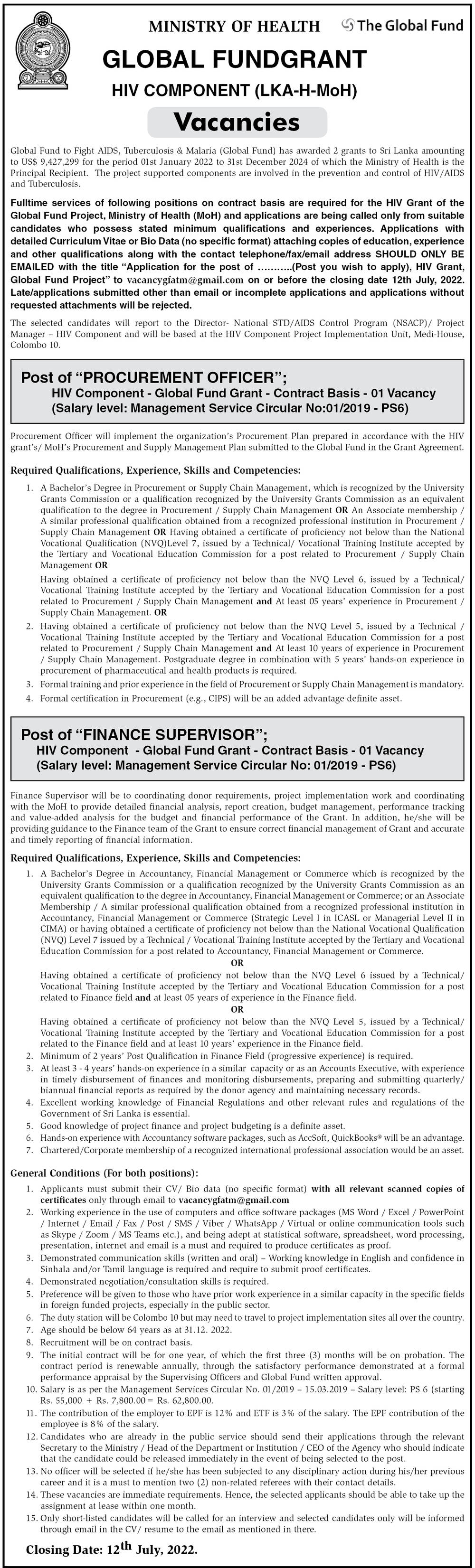 Procurement Officer, Finance Supervisor - Ministry of Health