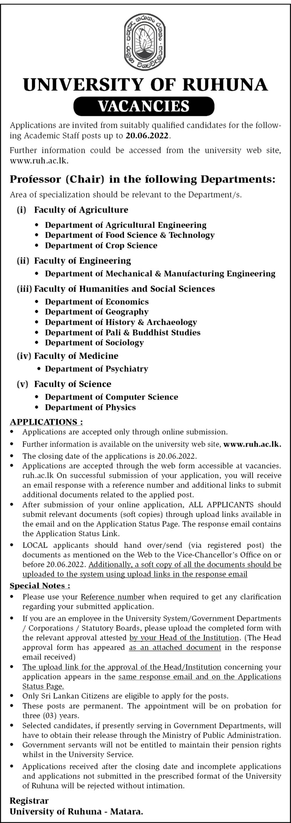 Professor (Chair) - University of Ruhuna