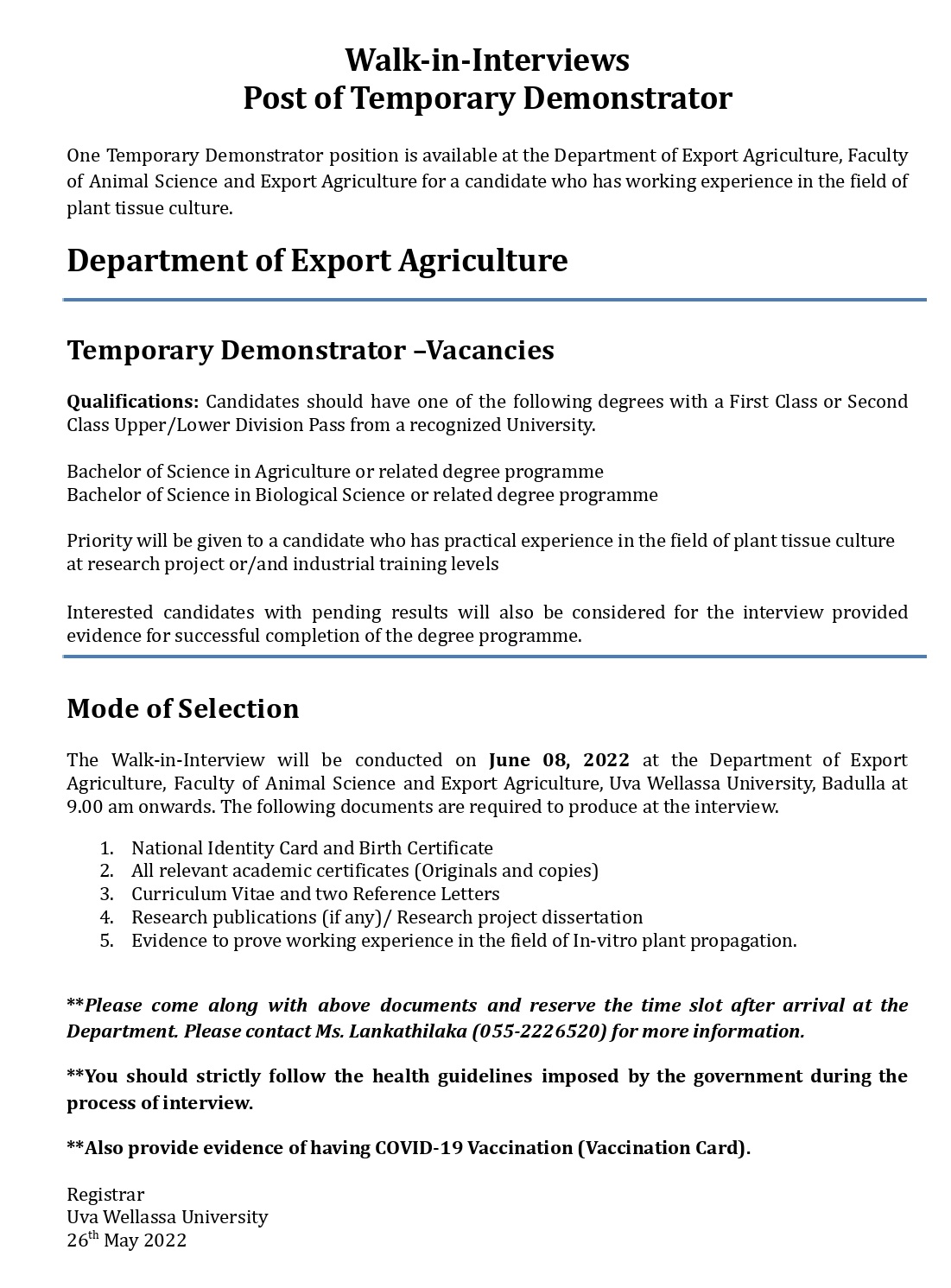 Demonstrator, Lecturer - Uva Wellassa University