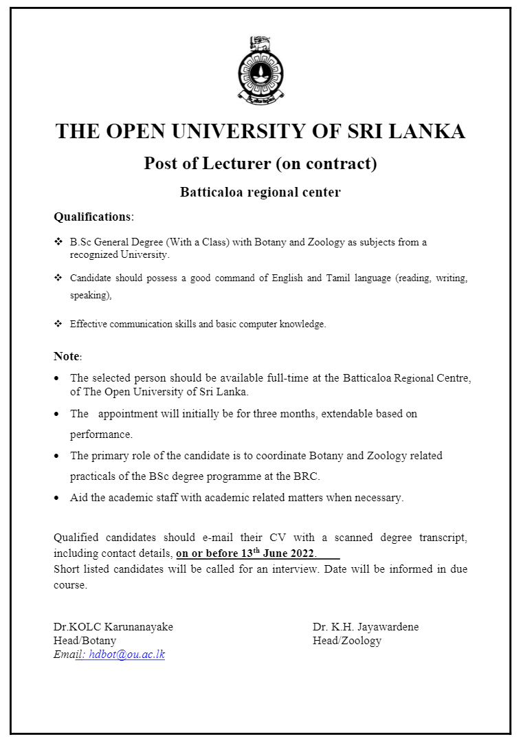 Technical Officer, Lecturer - The Open University of Sri Lanka