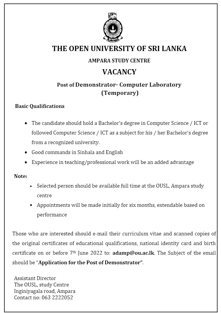 Demonstrator - The Open University of Sri Lanka