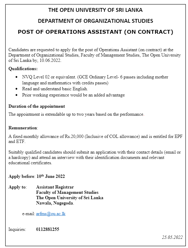 Operations Assistant - The Open University of Sri Lanka 