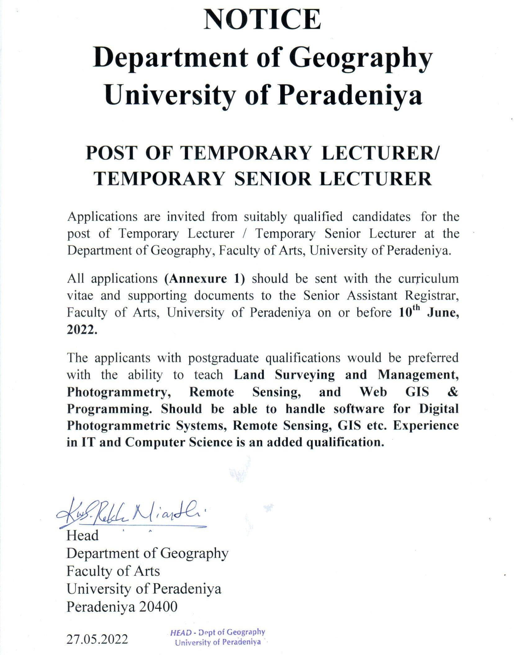 Lecturer, Senior Lecturer - University of Peradeniya