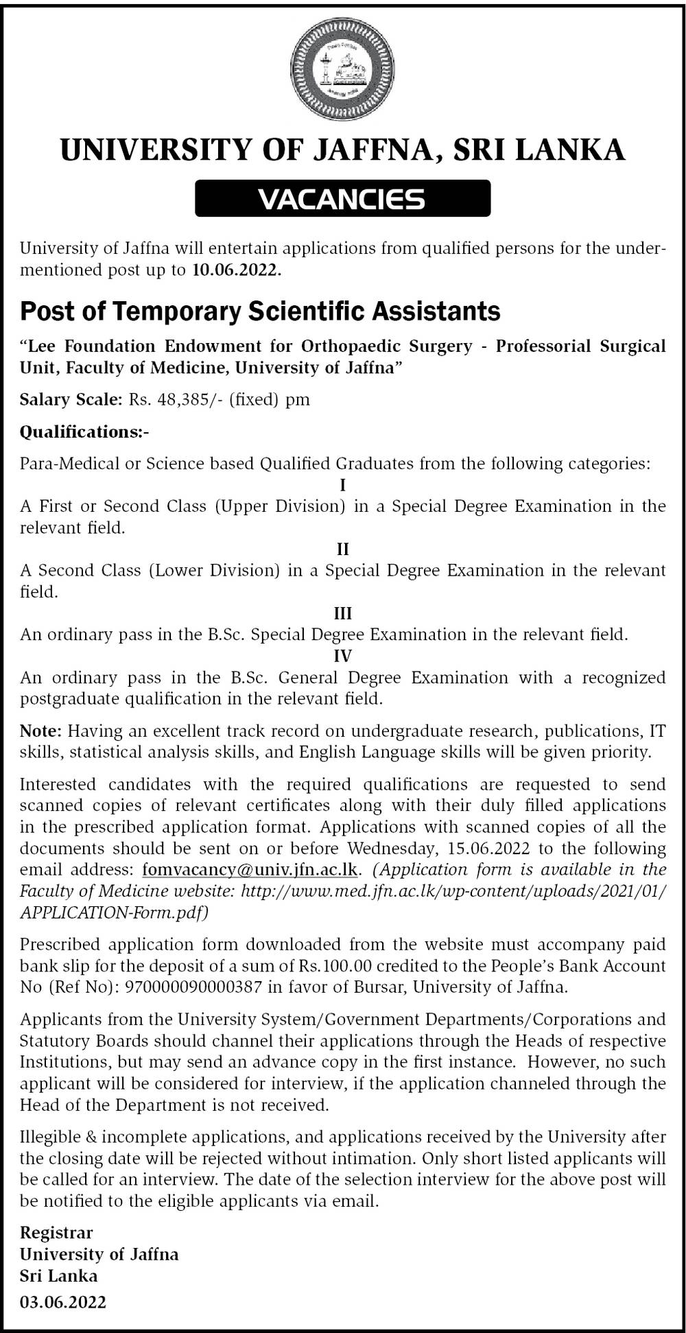 Scientific Assistant - University of Jaffna