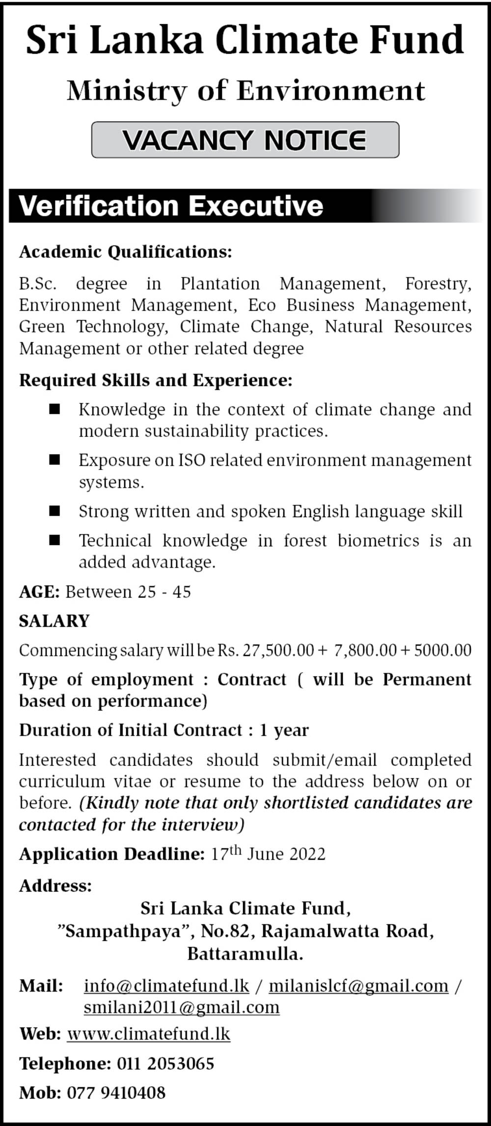 Verification Executive - Sri Lanka Climate Fund - Ministry of Environment