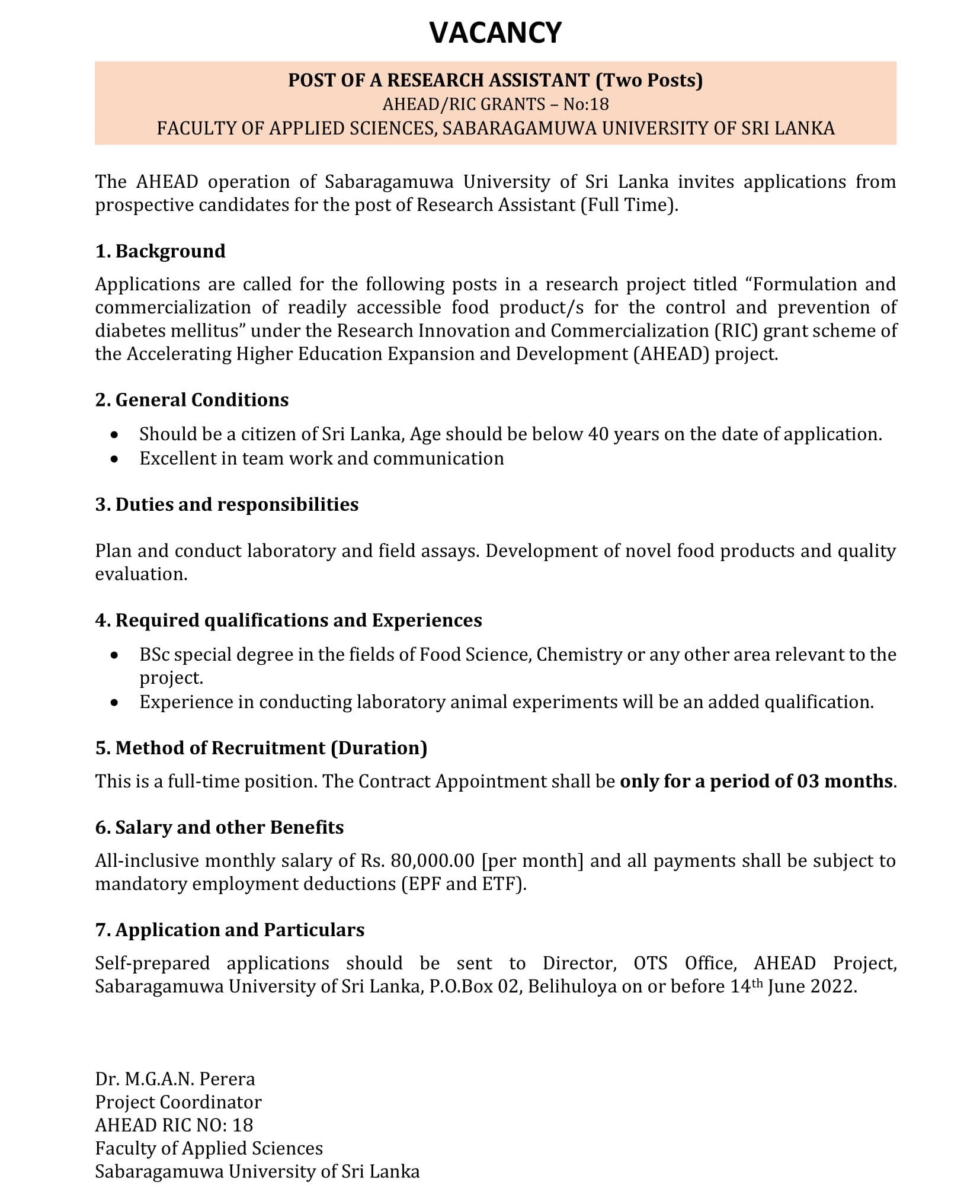 Research Assistant - Sabaragamuwa University of Sri Lanka