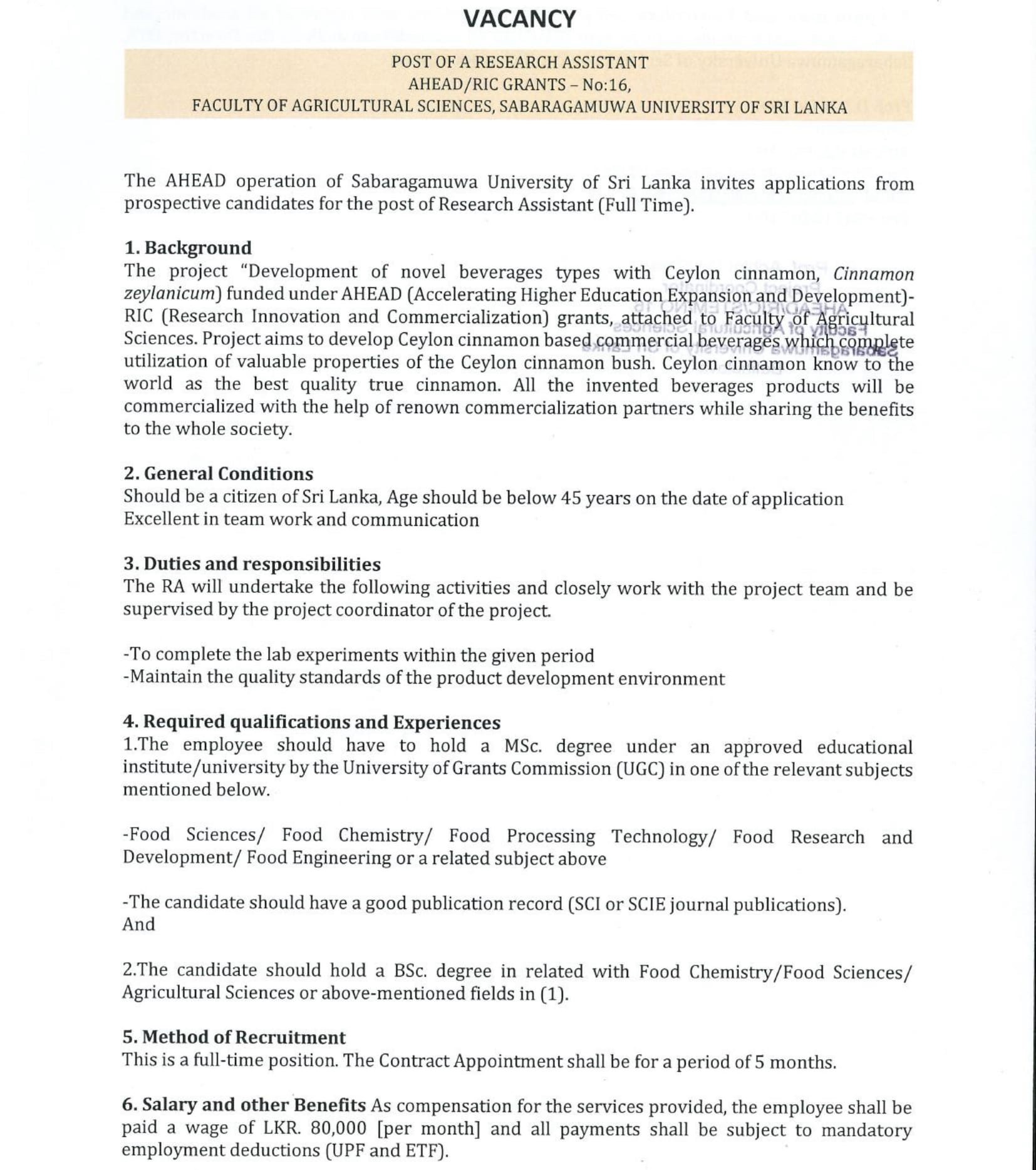 Research Assistant - Sabaragamuwa University of Sri Lanka