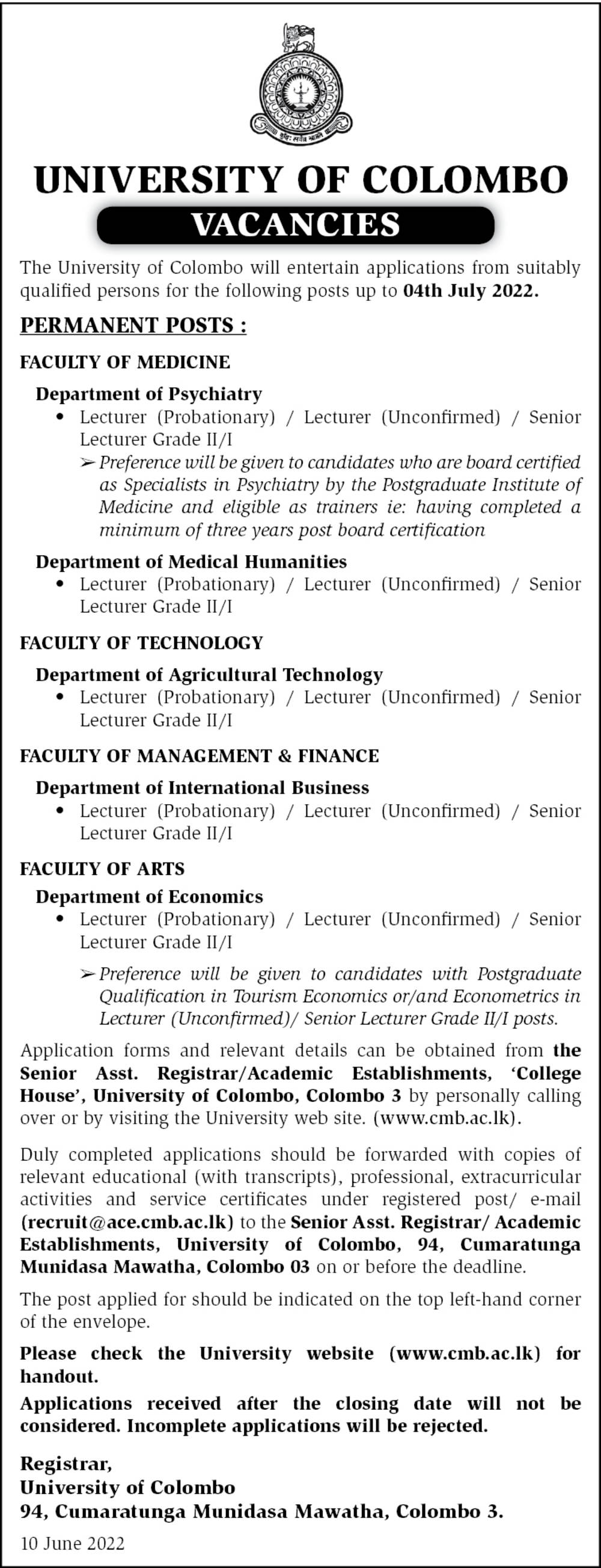 Lecturer, Senior Lecturer - University of Colombo