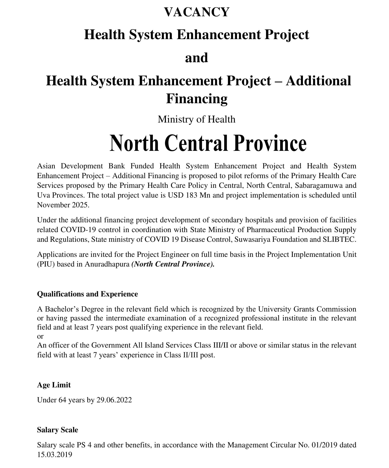 Project Engineer - North Central Province - Ministry of Health