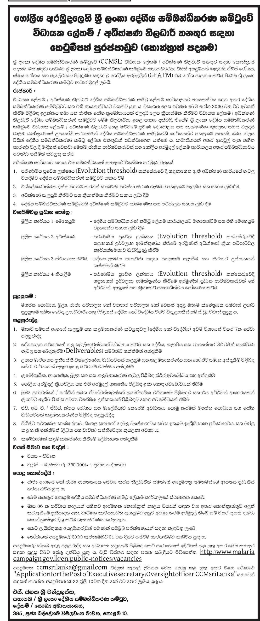 Executive Secretary/Oversight Officer - Country Coordination Mechanism - Ministry of Health