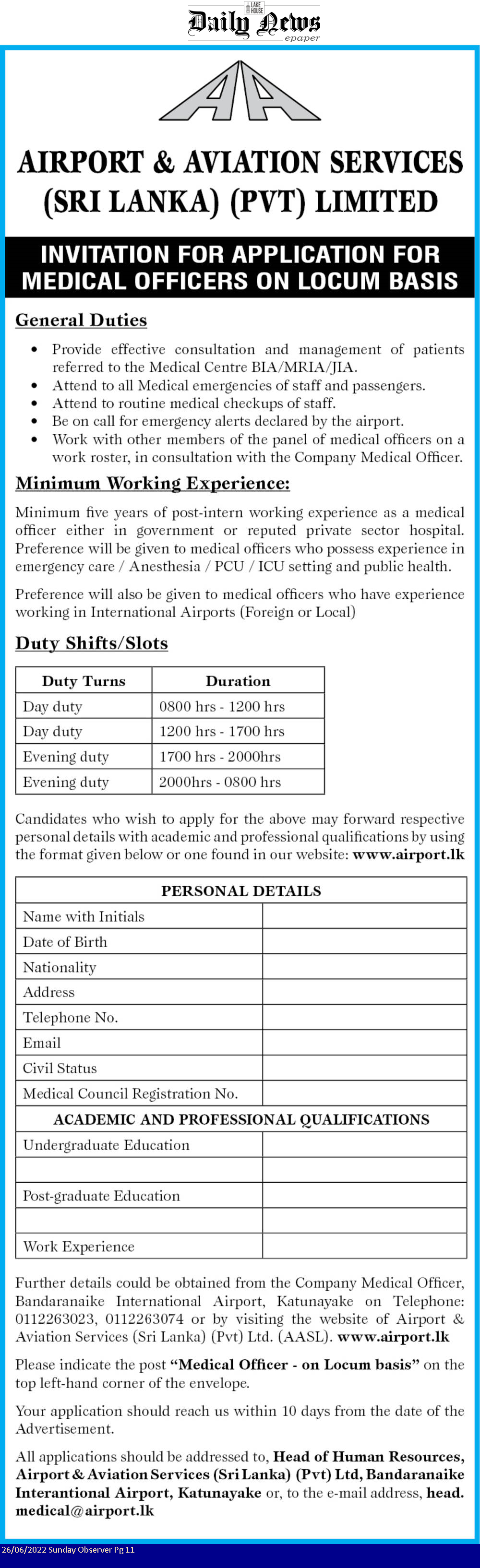 Medical Officer - Airport & Aviation Services (Sri Lanka) (Private) Limited