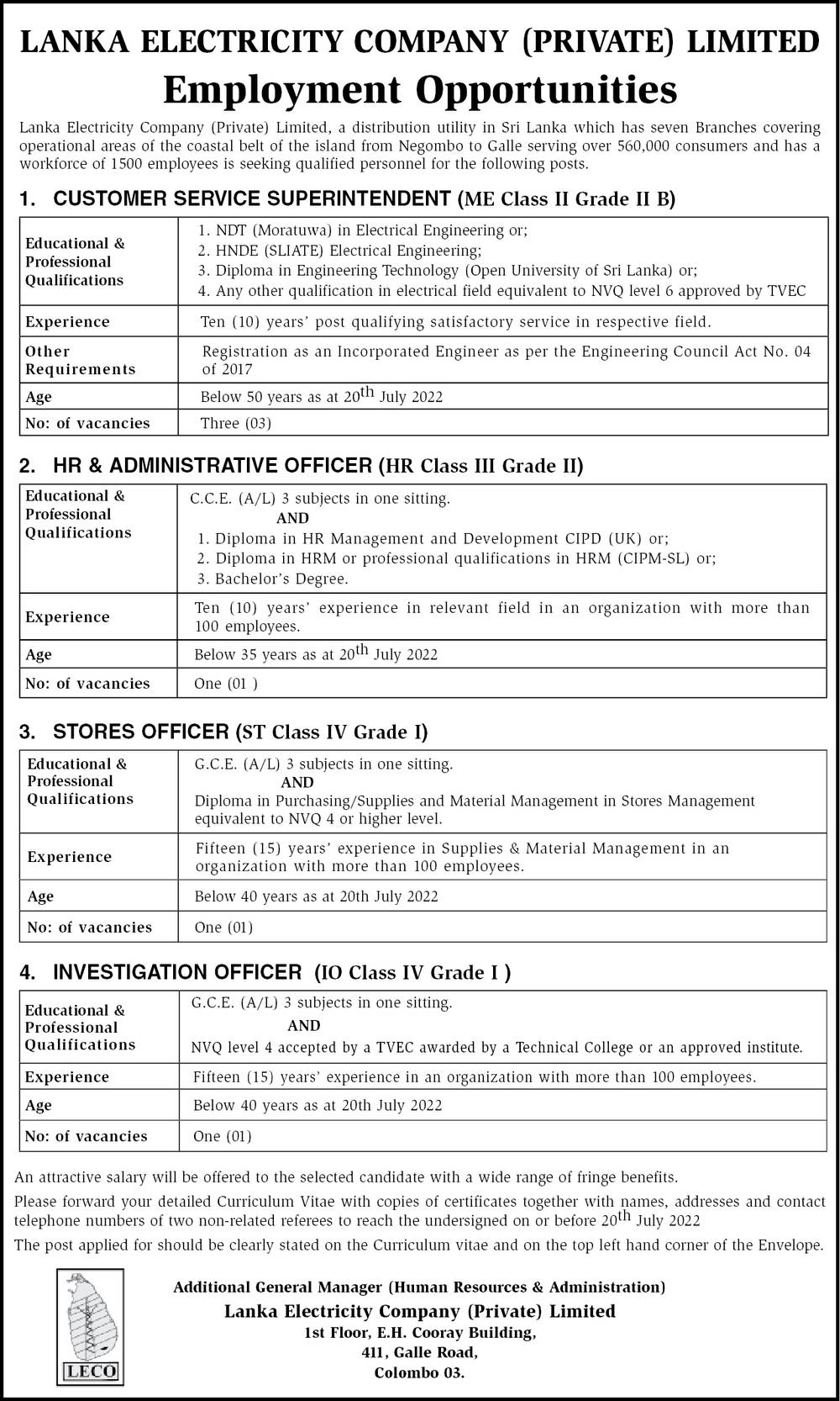 Customer Service Superintendent, HR & Administration Officer, Stores Officer, Investigation Officer - Lanka Electricity Company (Private) Limited