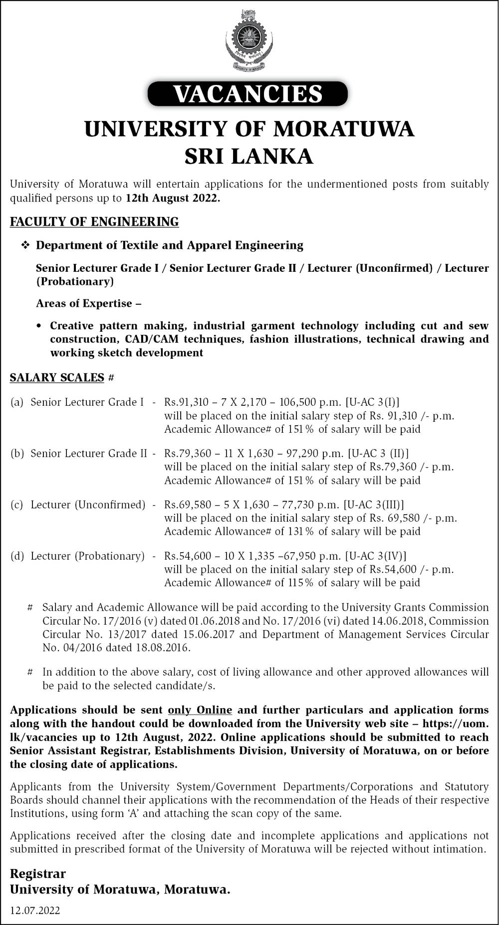 Senior Lecturer, Lecturer - University of Moratuwa