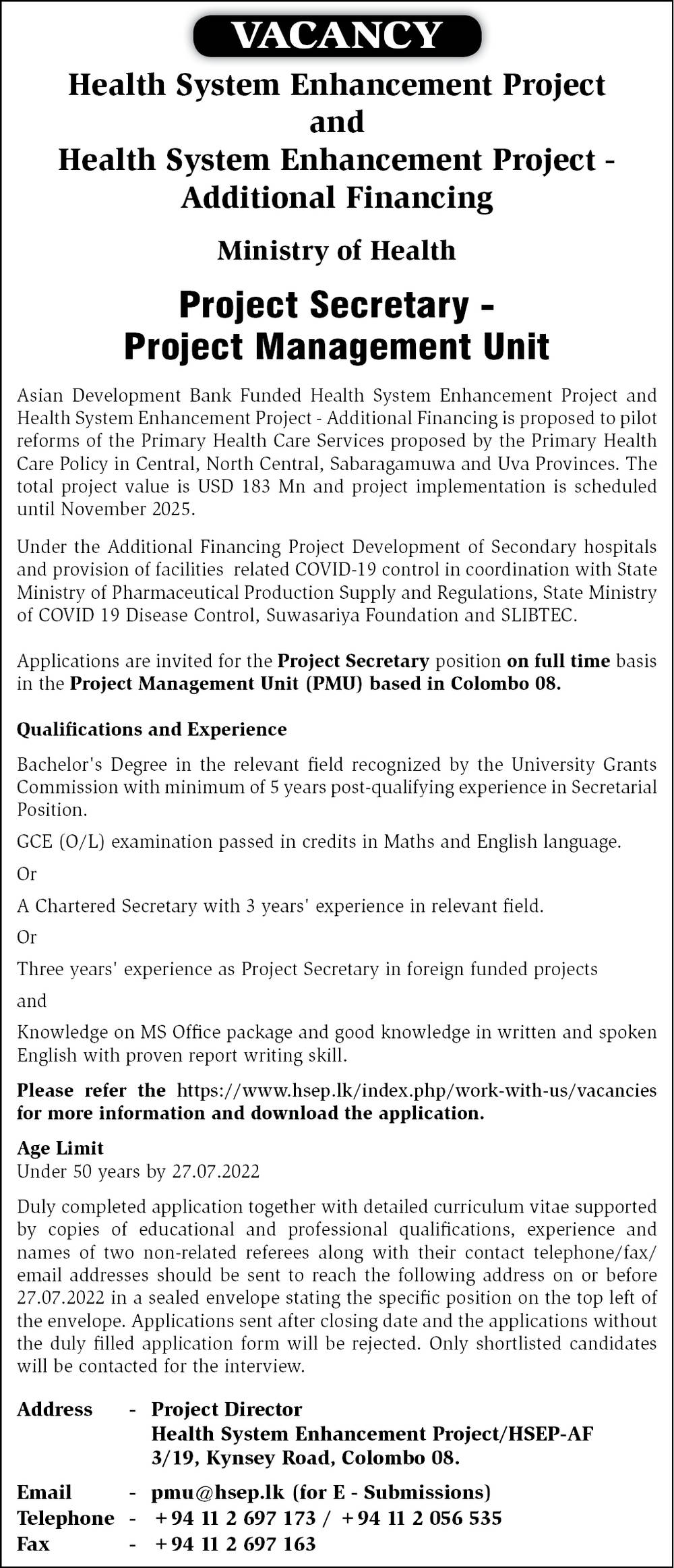 Project Secretary - Health Systems Enhancement Project - Ministry of Health