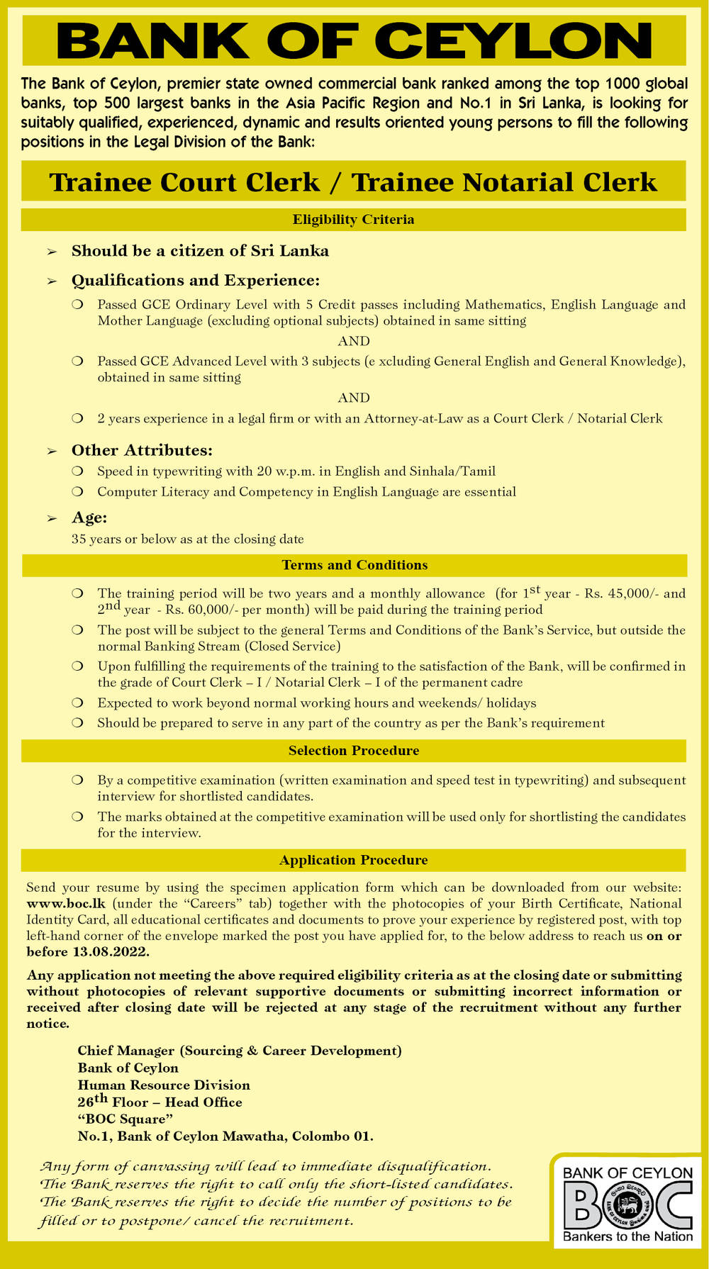 Trainee Court Clerk/Trainee Notarial Clerk - Bank of Ceylon