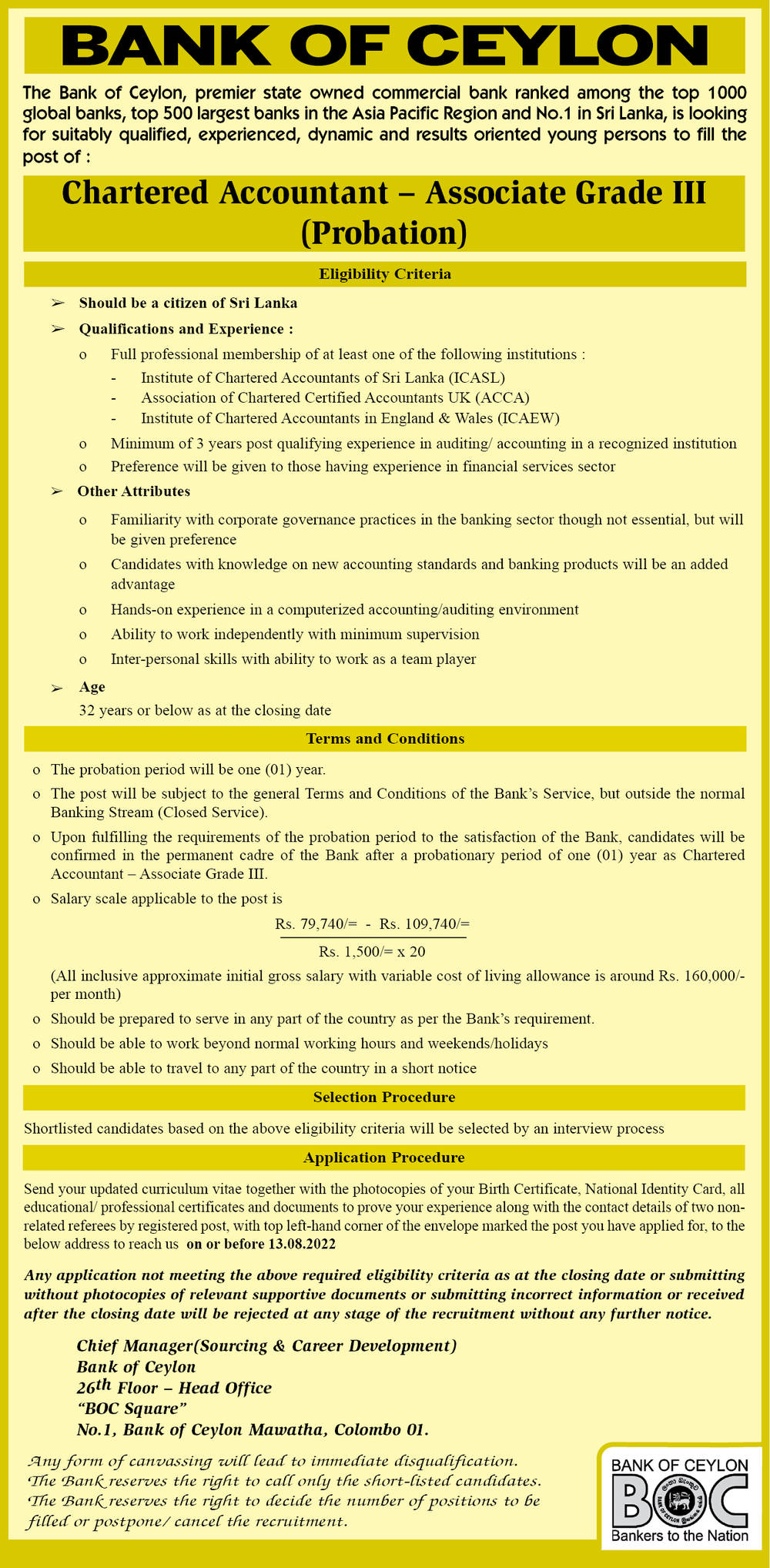 Chartered Accountant (Associate) - Bank of Ceylon