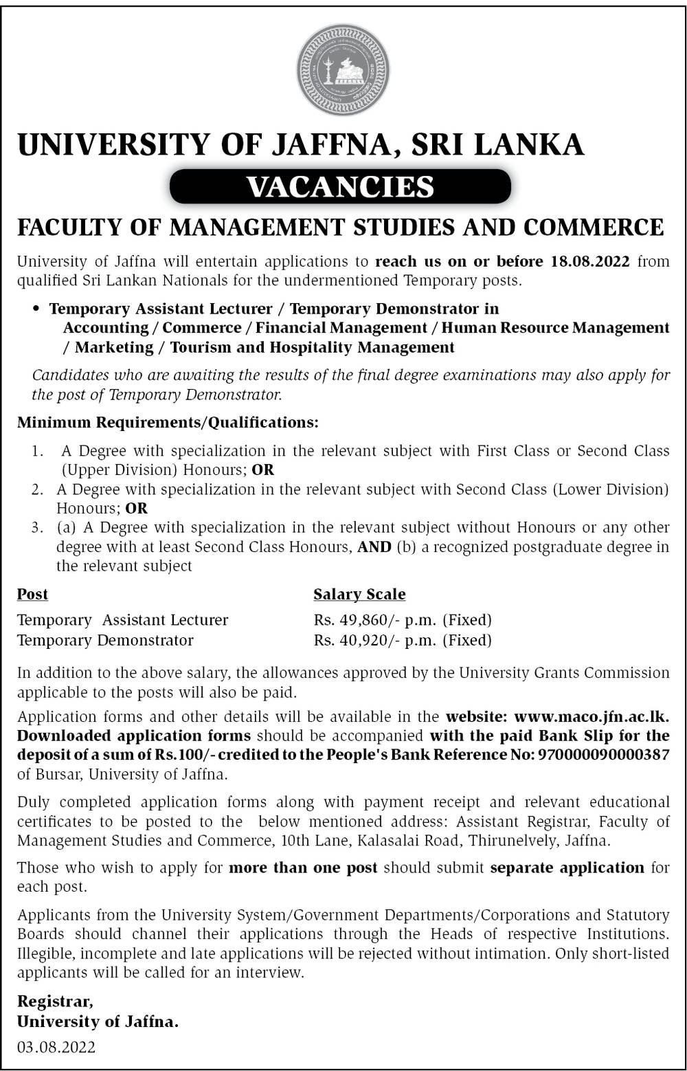 Temporary Assistant Lecturer, Temporary Demonstrator - University of Jaffna