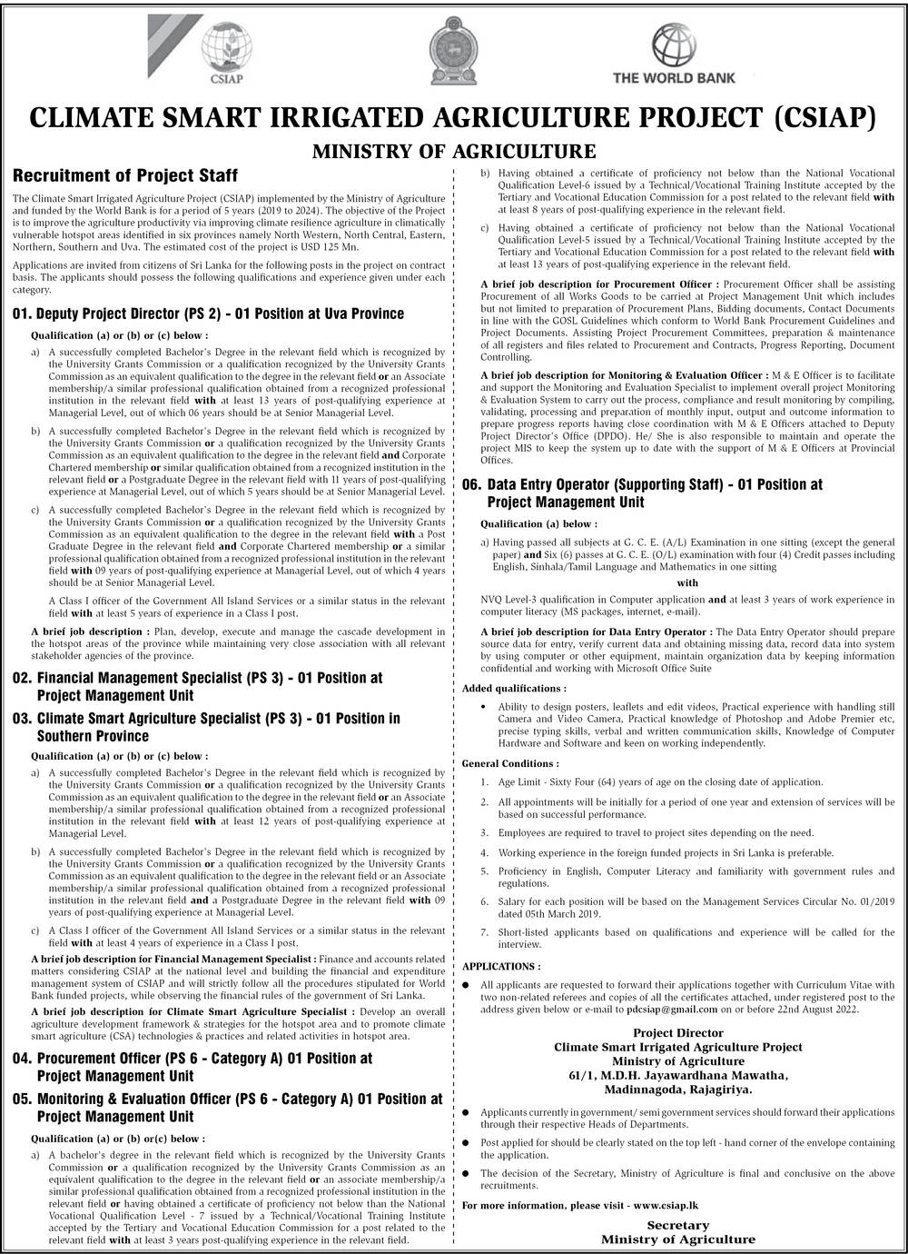 Deputy Project Director, Financial Management Specialist, Climate Smart Agriculture Specialist, Procurement Officer, Monitoring Evaluation Officer, Data Entry Operator - Ministry of Agriculture