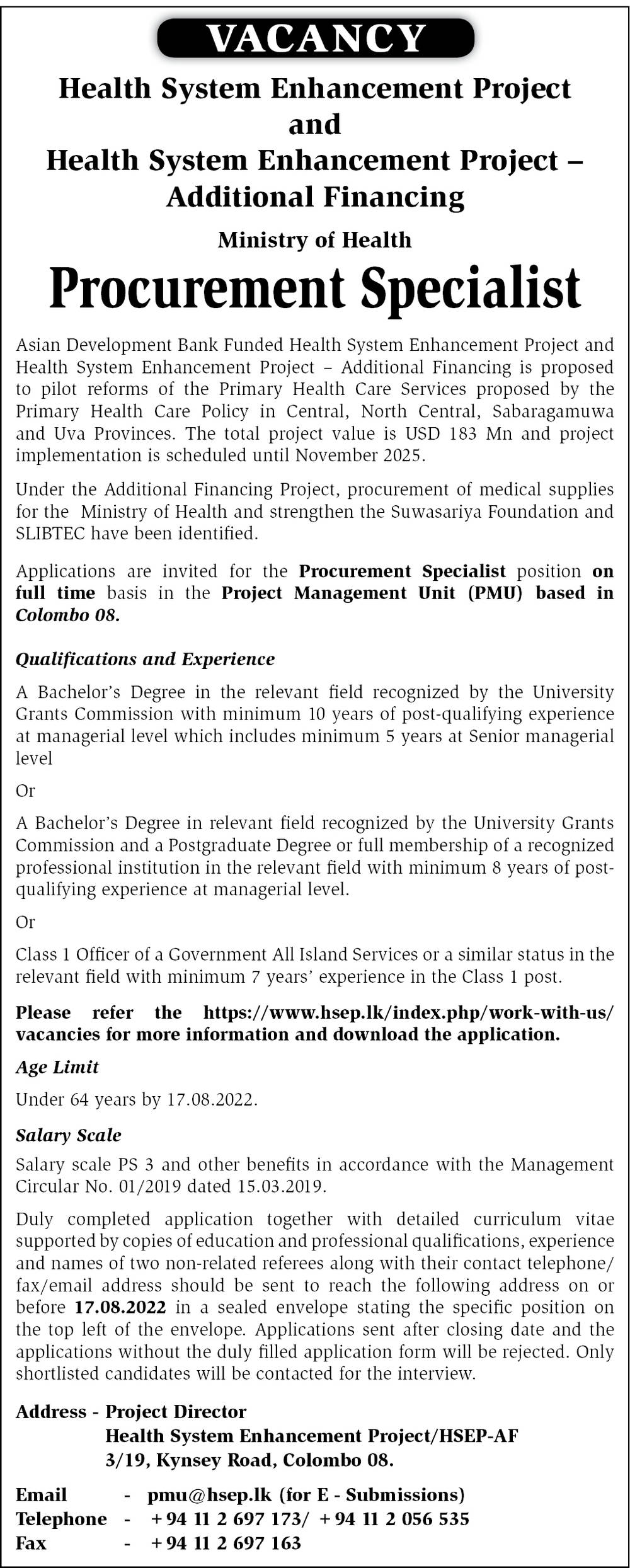 Procurement Specialist - Health System Enhancement Project - Ministry of Health