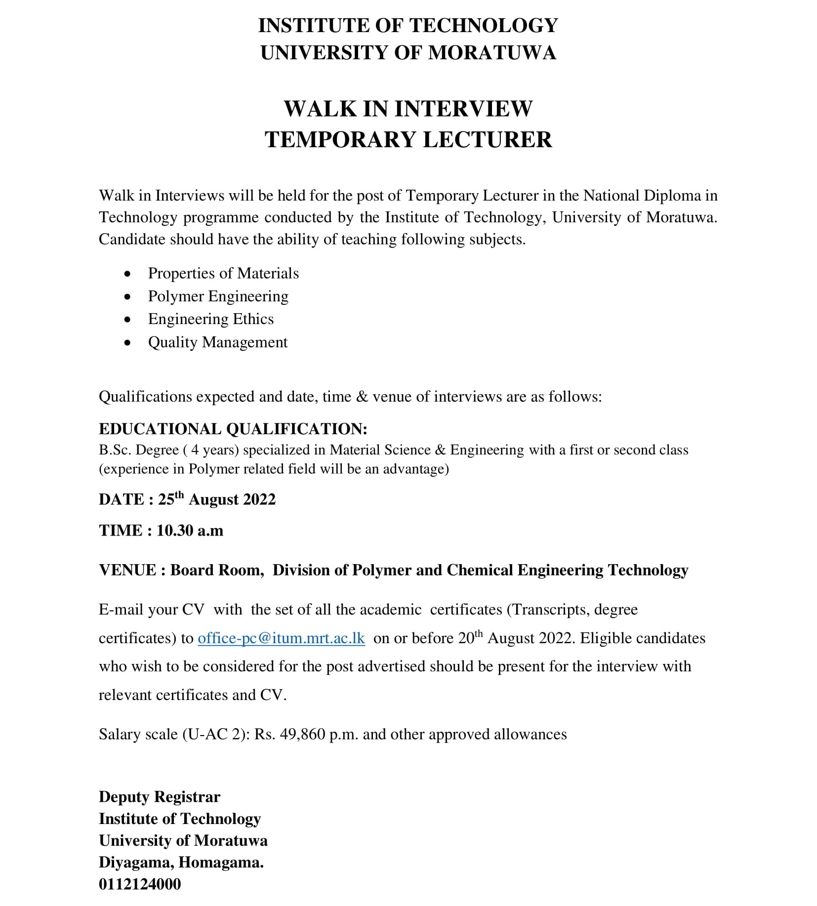 Temporary Lecturer - Institute of Technology - University of Motaruwa