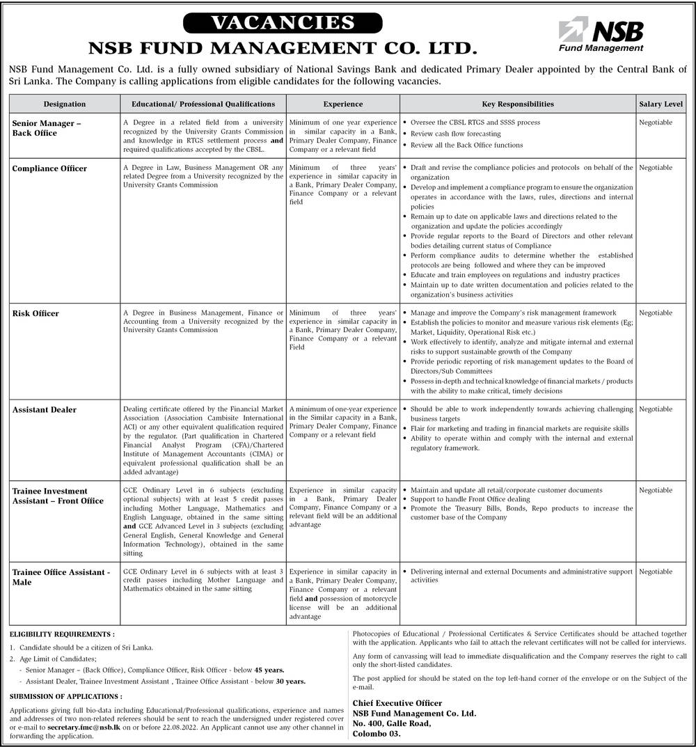 Senior Manager, Compliance Officer, Risk Officer, Assistant Dealer, Trainee Investment Assistant, Trainee Office Assistant - NSB Fund Management Co. Ltd