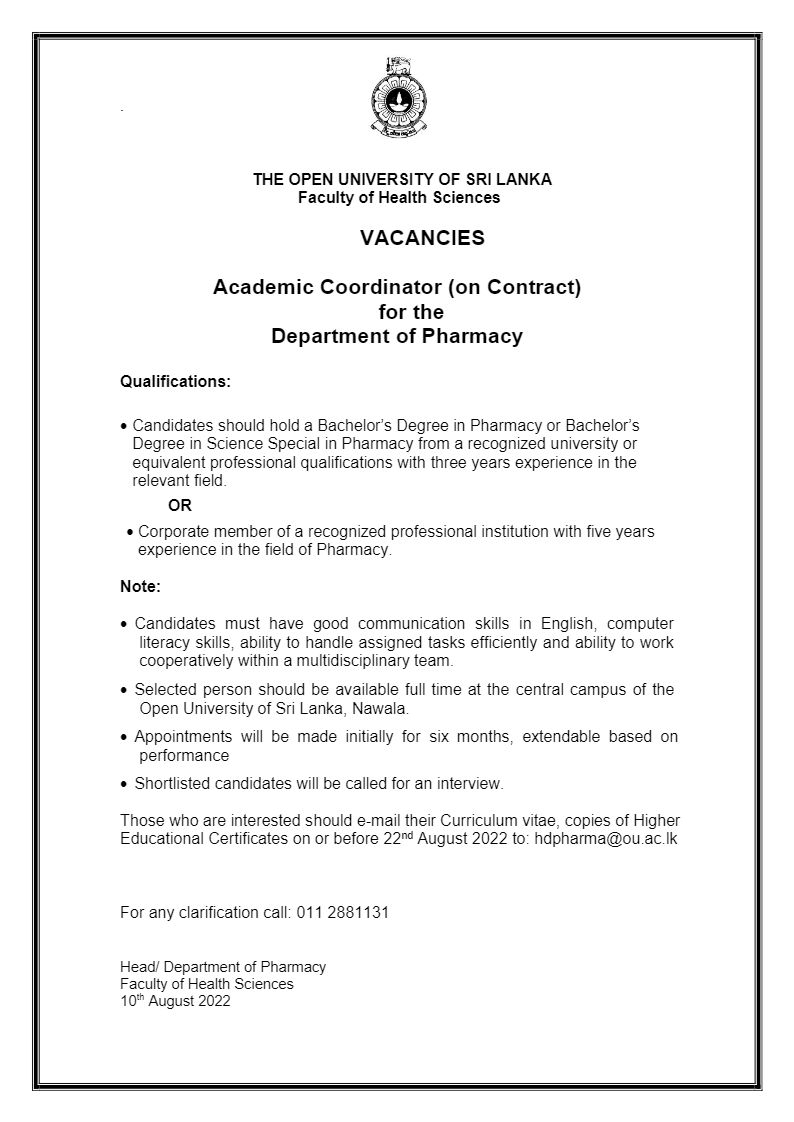 Coordinator, Senior Lecturer, Lecturer, Technical Assistant - The Open University of Sri Lanka