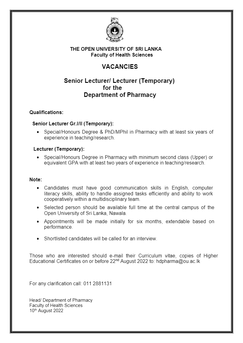 Coordinator, Senior Lecturer, Lecturer, Technical Assistant - The Open University of Sri Lanka