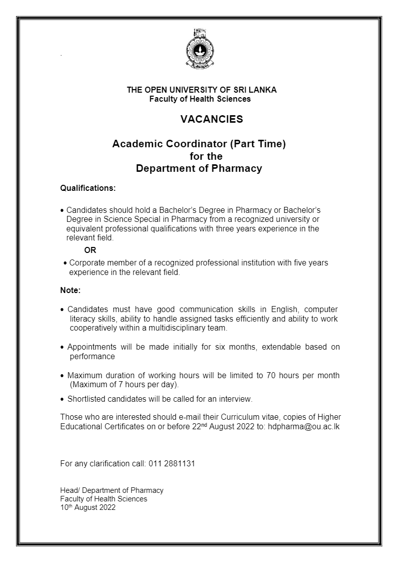 Coordinator, Senior Lecturer, Lecturer, Technical Assistant - The Open University of Sri Lanka