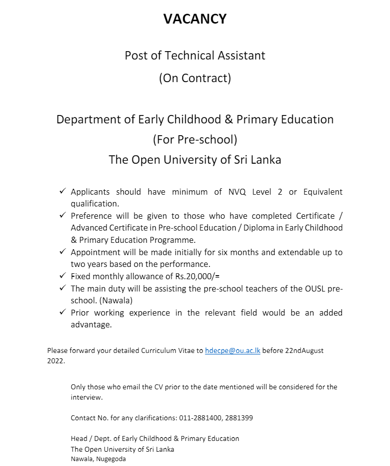 Coordinator, Senior Lecturer, Lecturer, Technical Assistant - The Open University of Sri Lanka