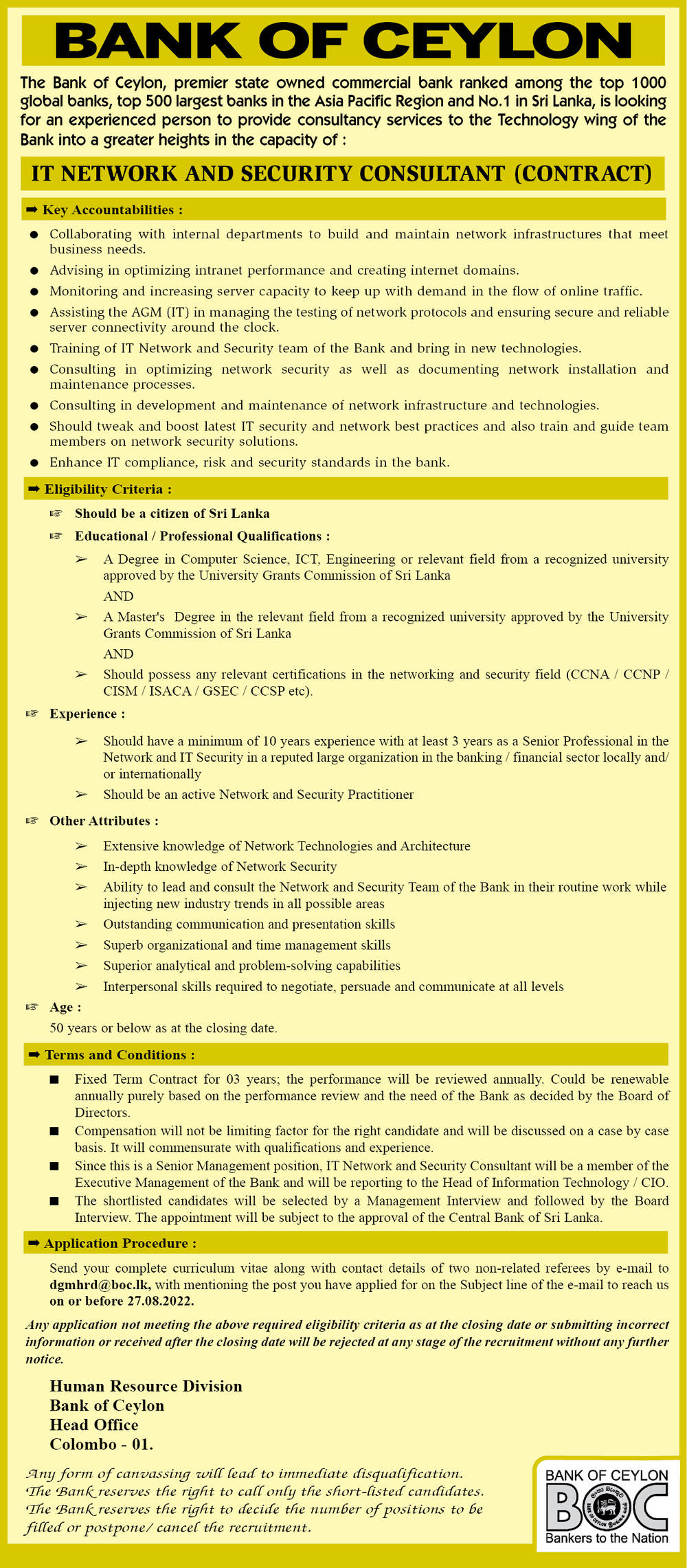 IT Application Systems Consultant, IT Network & Security Consultant - Bank of Ceylon  