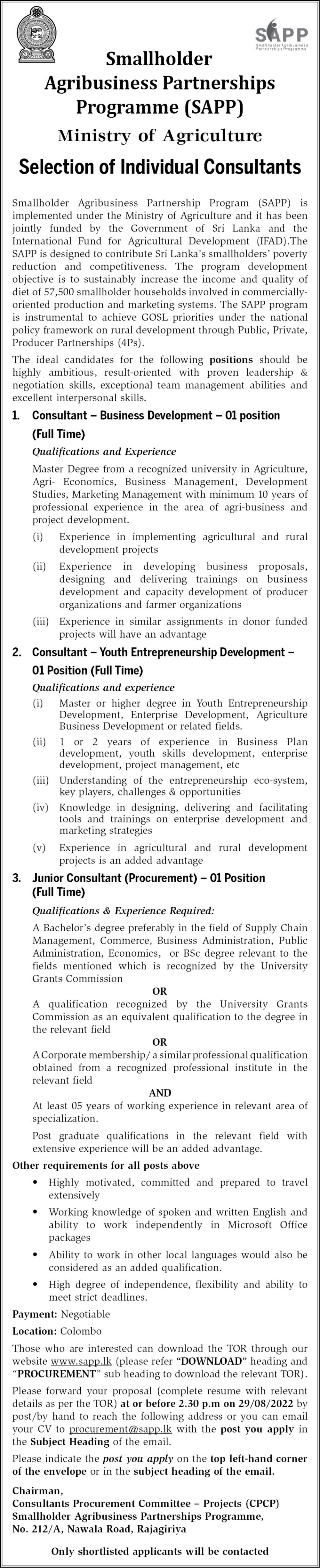 Consultant (Business Development, Youth Entrepreneurship Development), Junior Consultant (Procurement) - Smallholder Agribusiness Partnerships Programme - Ministry of Agriculture