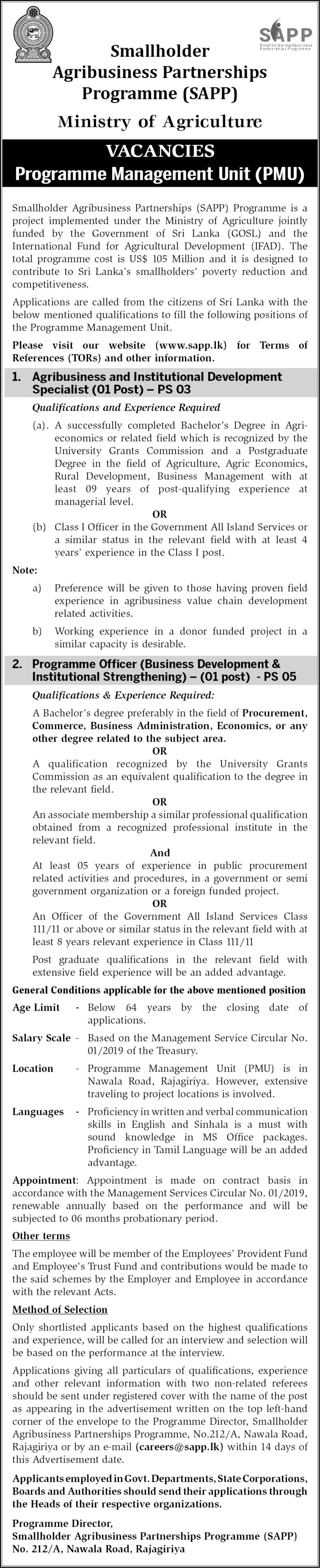 Agribusiness & Institutional Development Specialist, Programme Officer (Business Development Institutional Strengthening) - Smallholder Agribusiness Partnerships Programme - Ministry of Agriculture