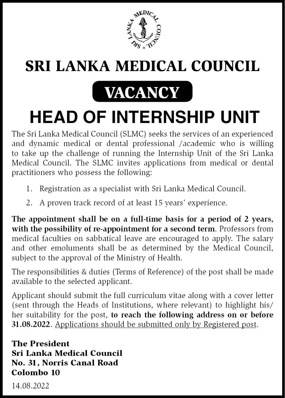 Head of Internship Unit - Sri Lanka Medical Council