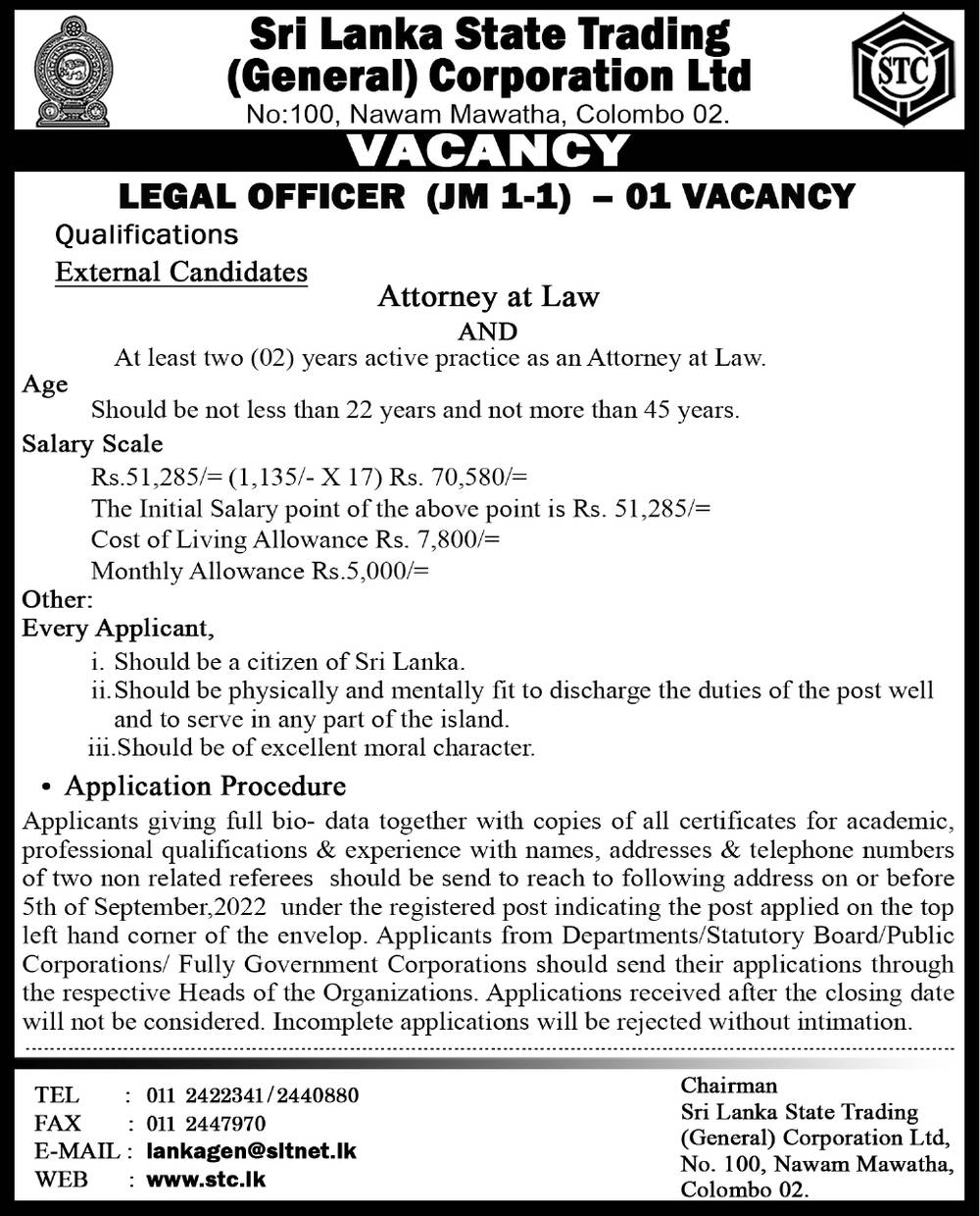 Legal Officer, Deputy General Manager (Administration) - Sri Lanka State Trading (General) Corporation Ltd