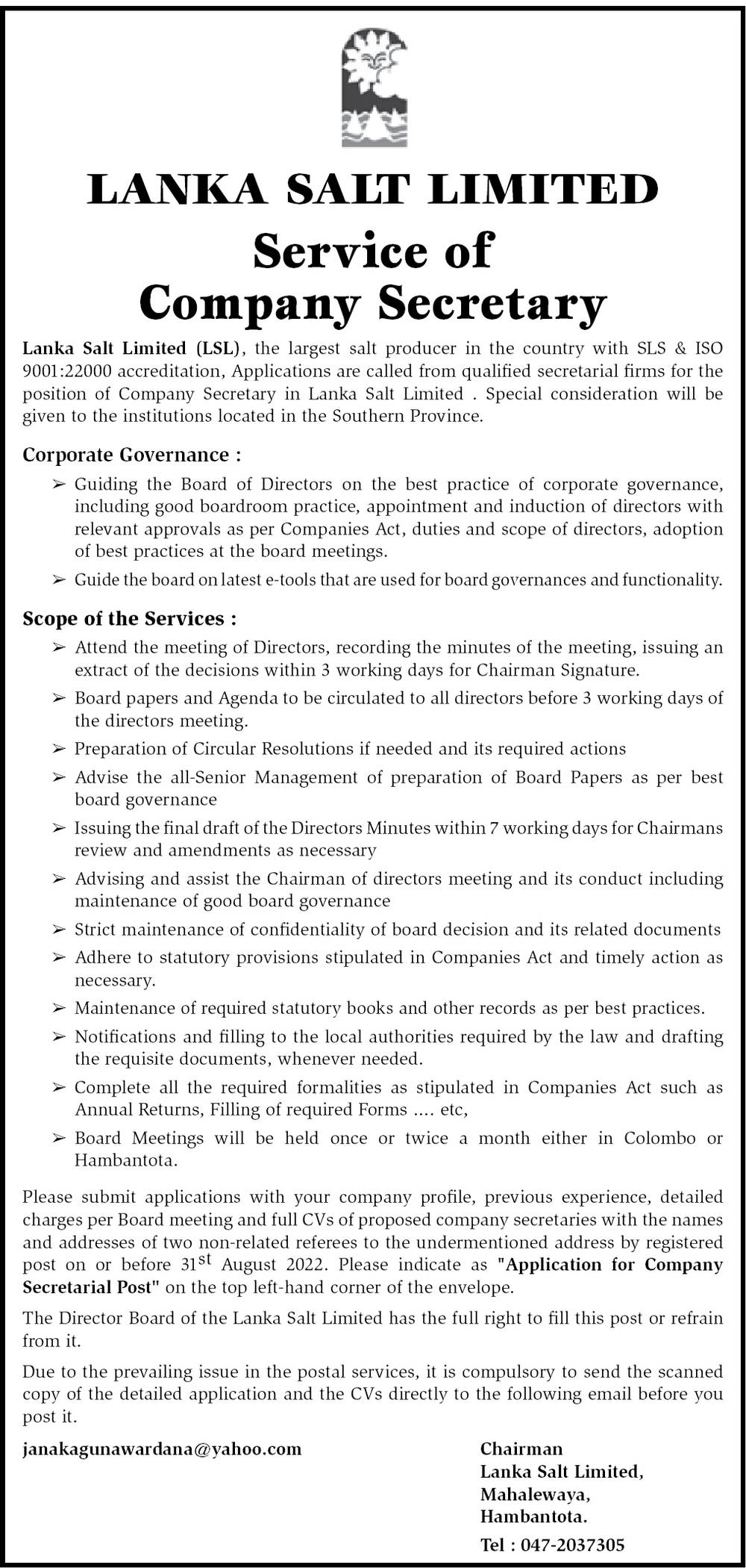 Company Secretary - Lanka Salt Limited