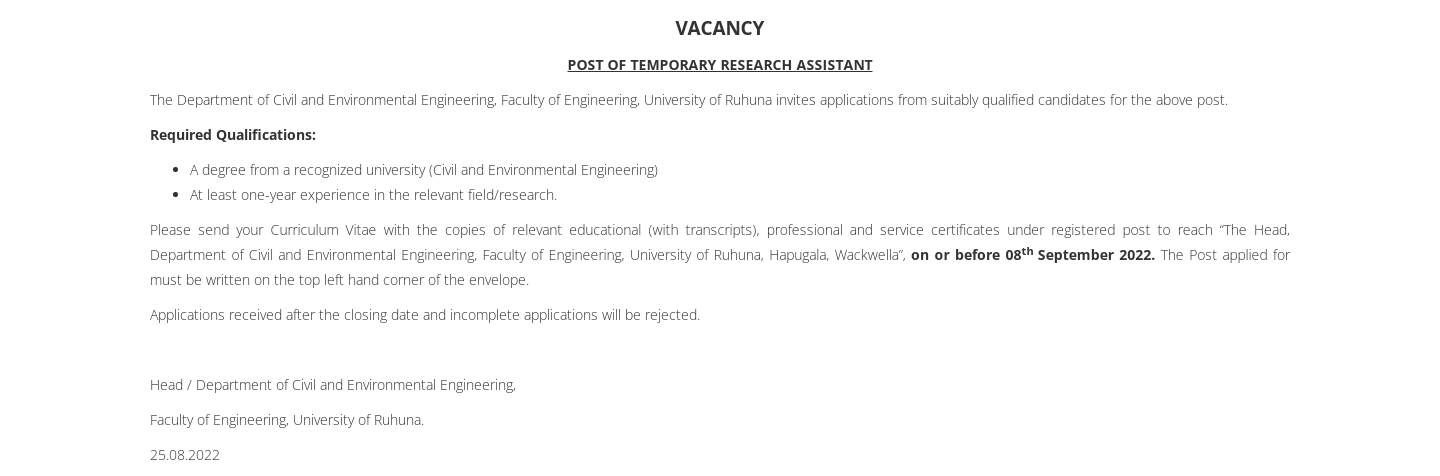 Research Assistant - University of Ruhuna