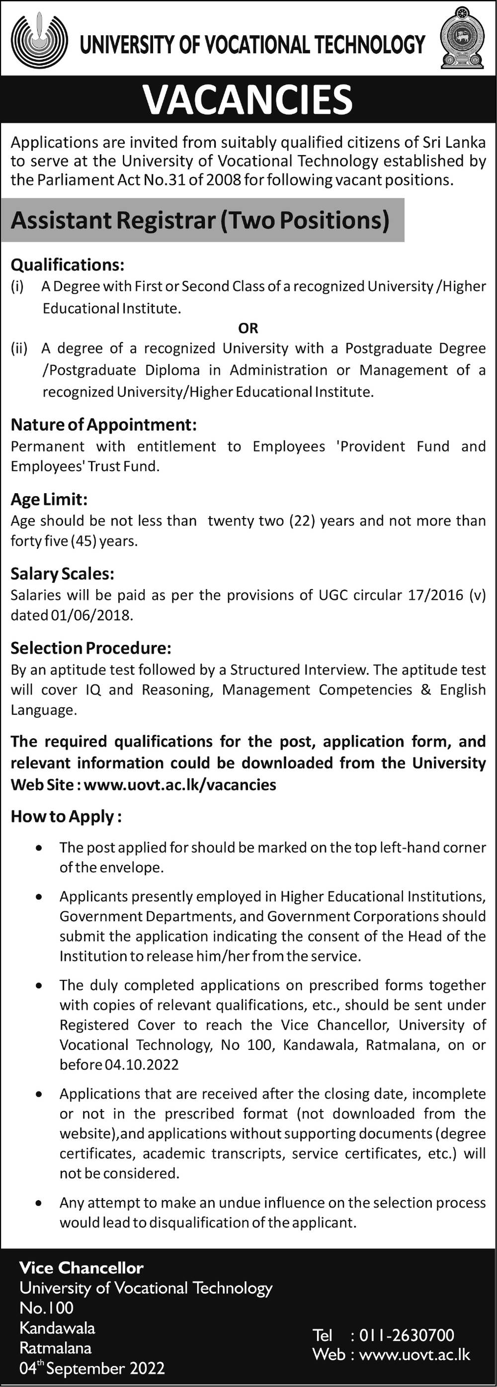 Assistant Registrar - University of Vocational Technology