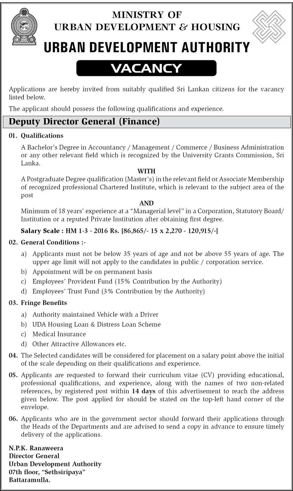 Deputy Director General (Finance) - Urban Development Authority