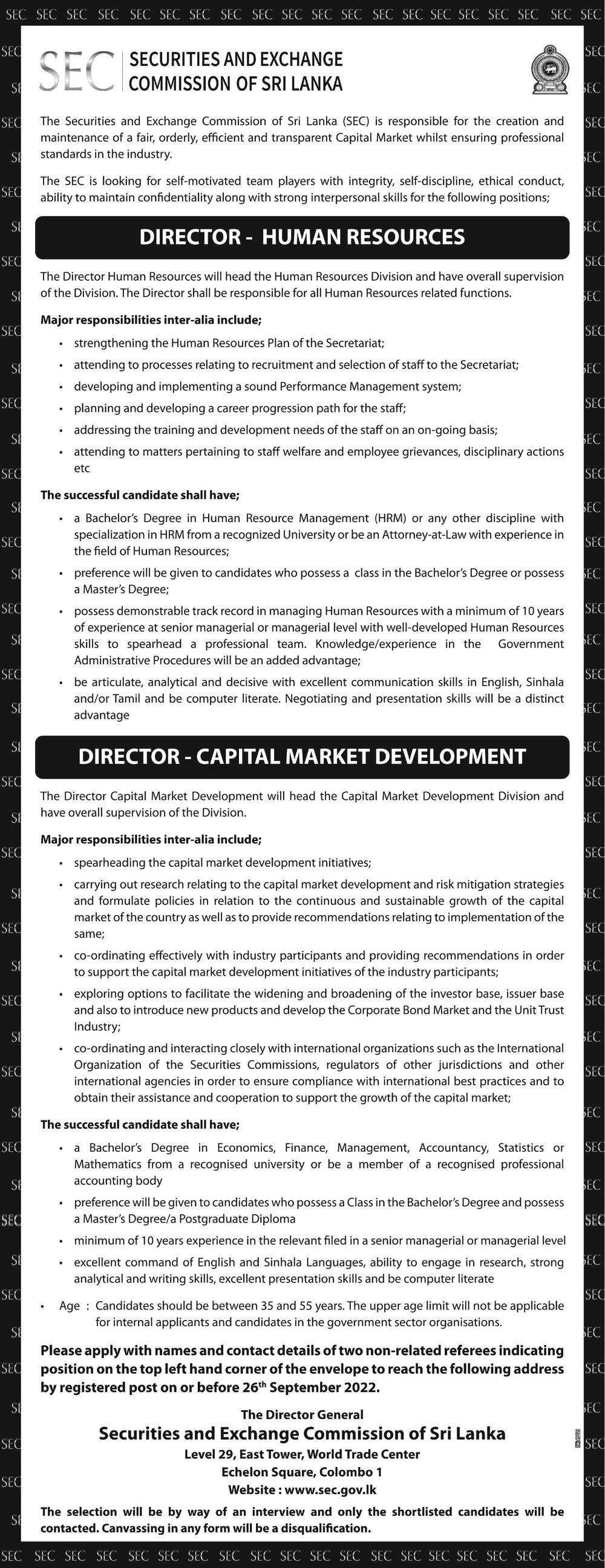 Director (Human Resources, Capital Market Development) - Securities & Exchange Commission of Sri Lanka