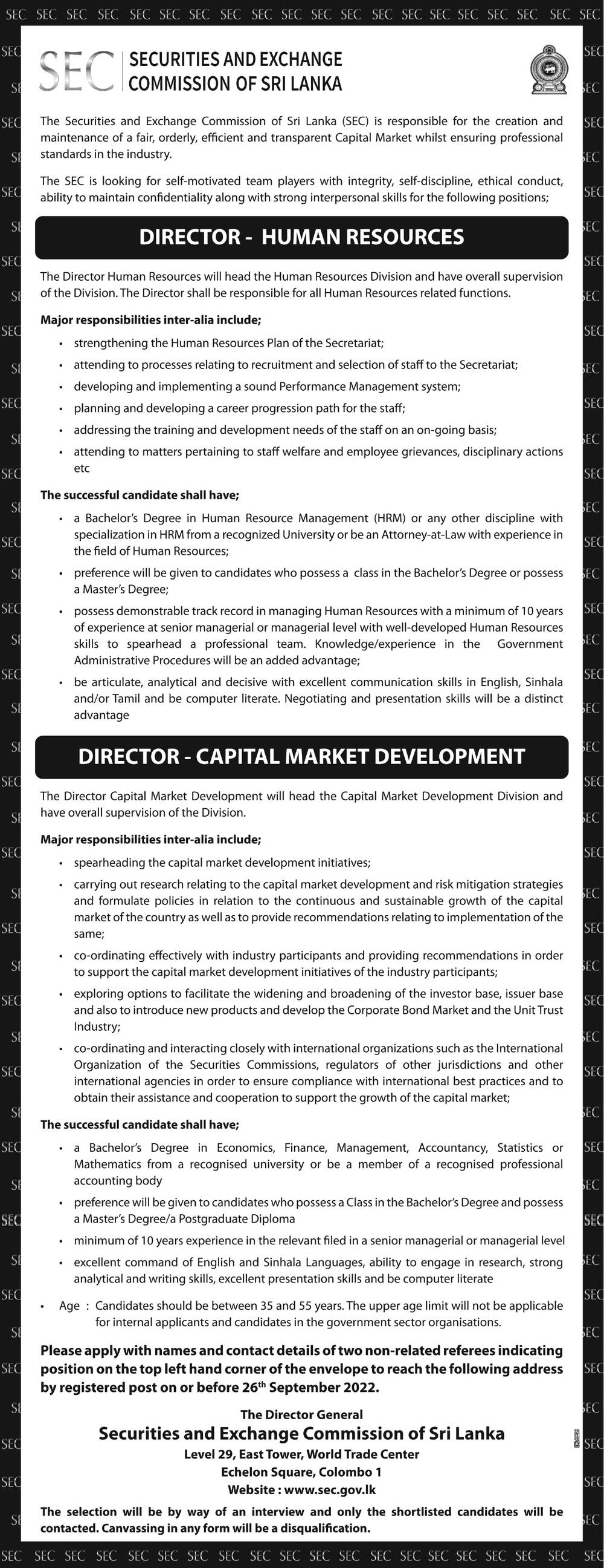 Director (Human Resources, Capital Market Development) - Securities & Exchange Commission of Sri Lanka