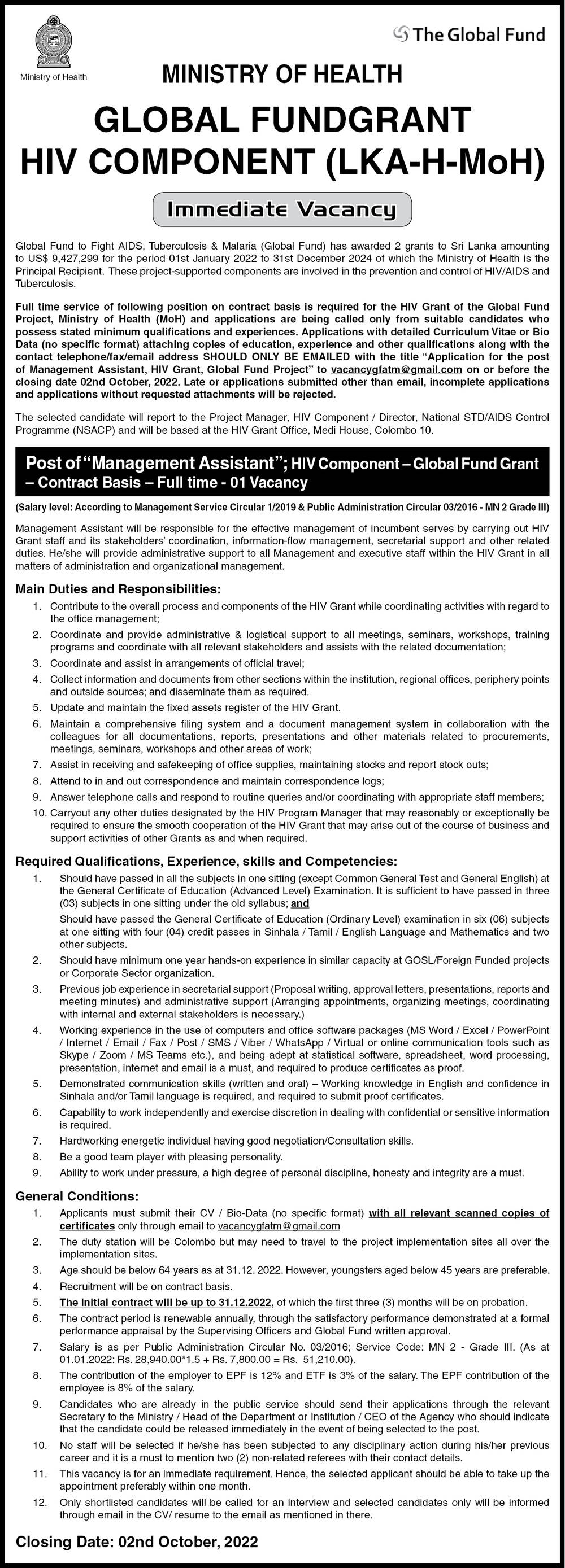 Management Assistant - Ministry of Health 