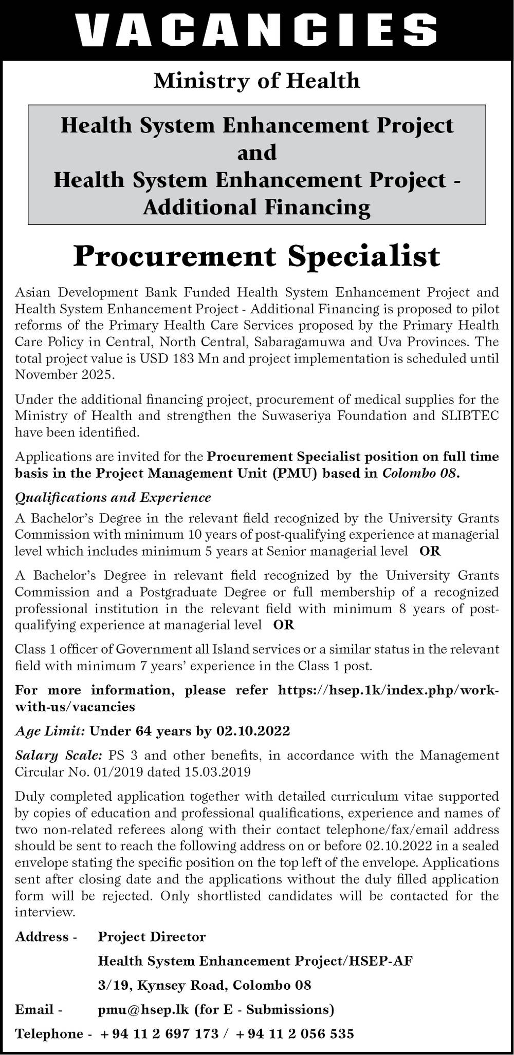 Procurement Specialist - Health System Enhancement Project - Ministry of Health