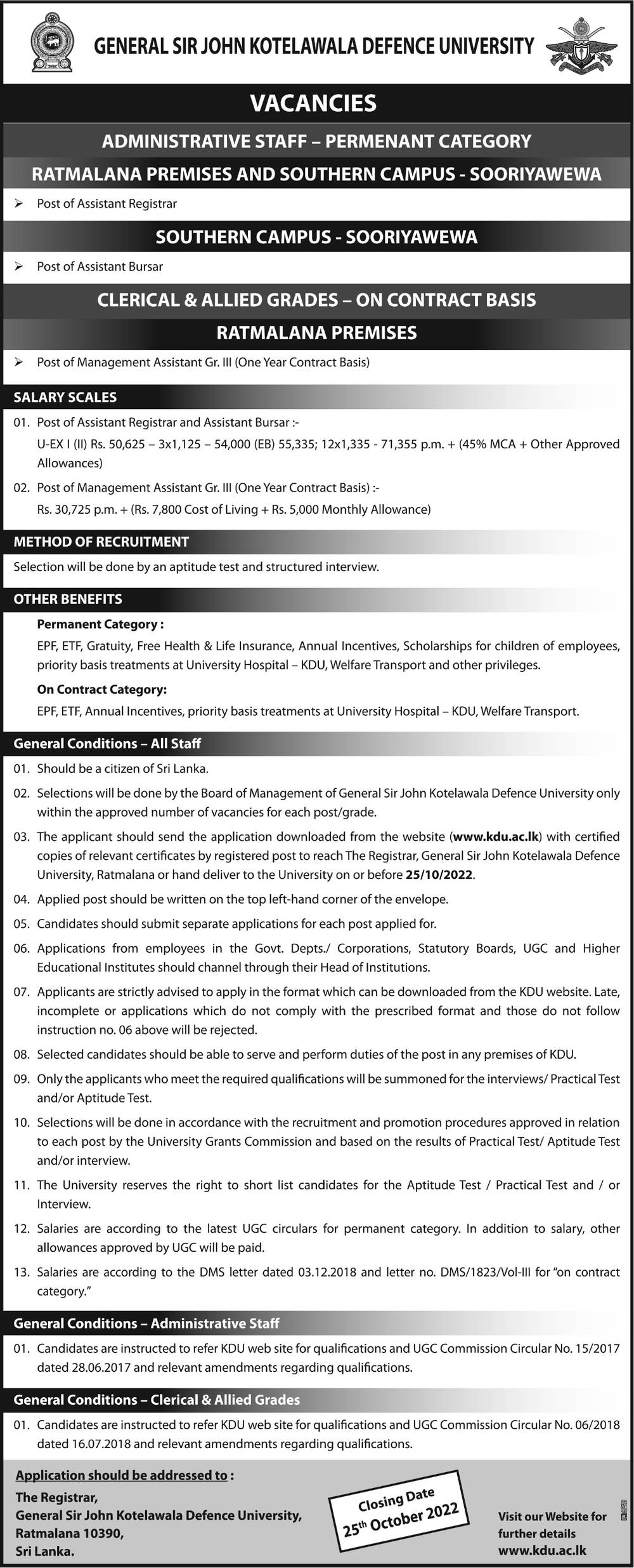 Management Assistant, Assistant Registrar, Assistant Bursar - General Sir John Kotelawala Defence University