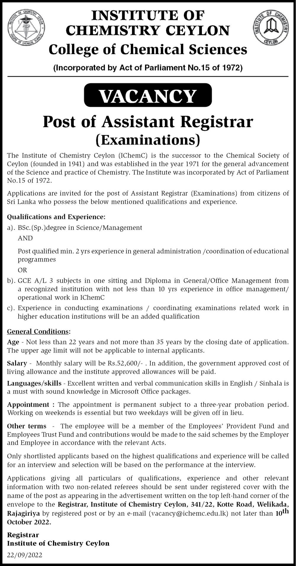 Assistant Registrar - Institute of Chemistry Ceylon