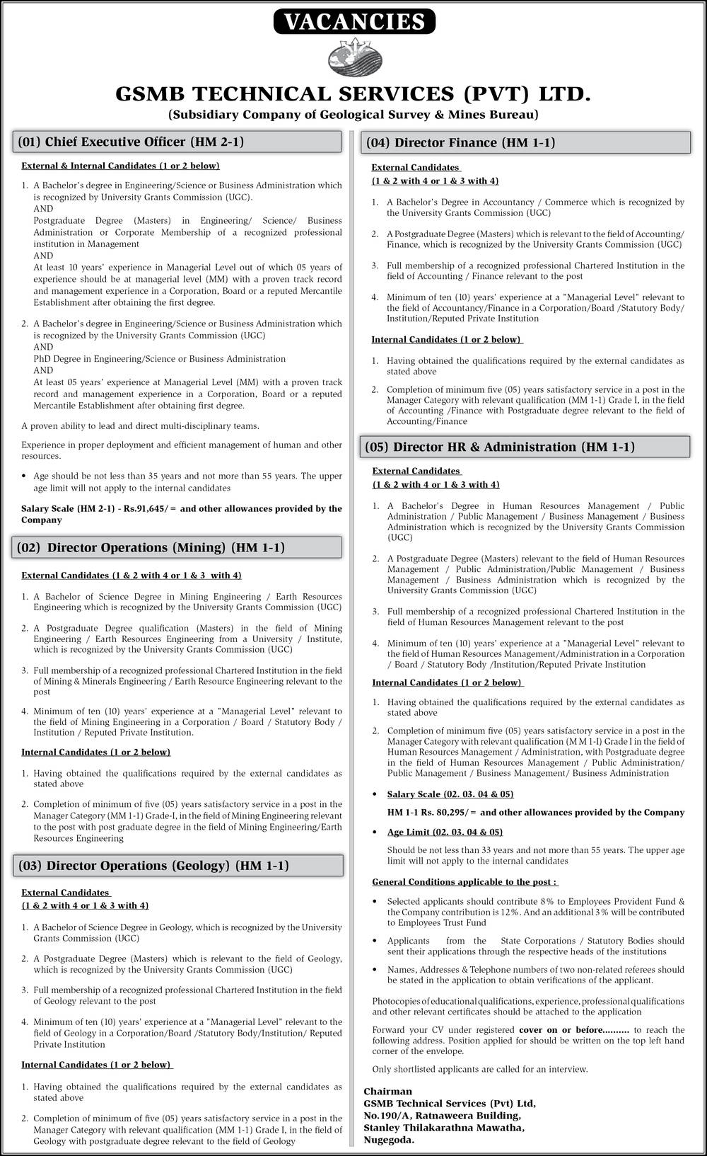 Chief Executive Officer, Director Operations (Mining, Geology), Director (Finance), Director (HR & Administration) - GSMB Technical Services (Pvt) Ltd