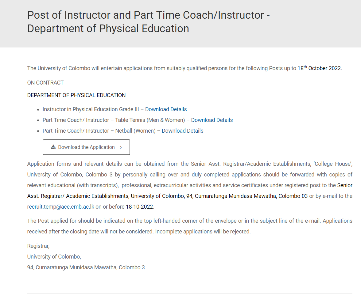 Instructor, Coach/Instructor - Department of Physical Education - University of Colombo