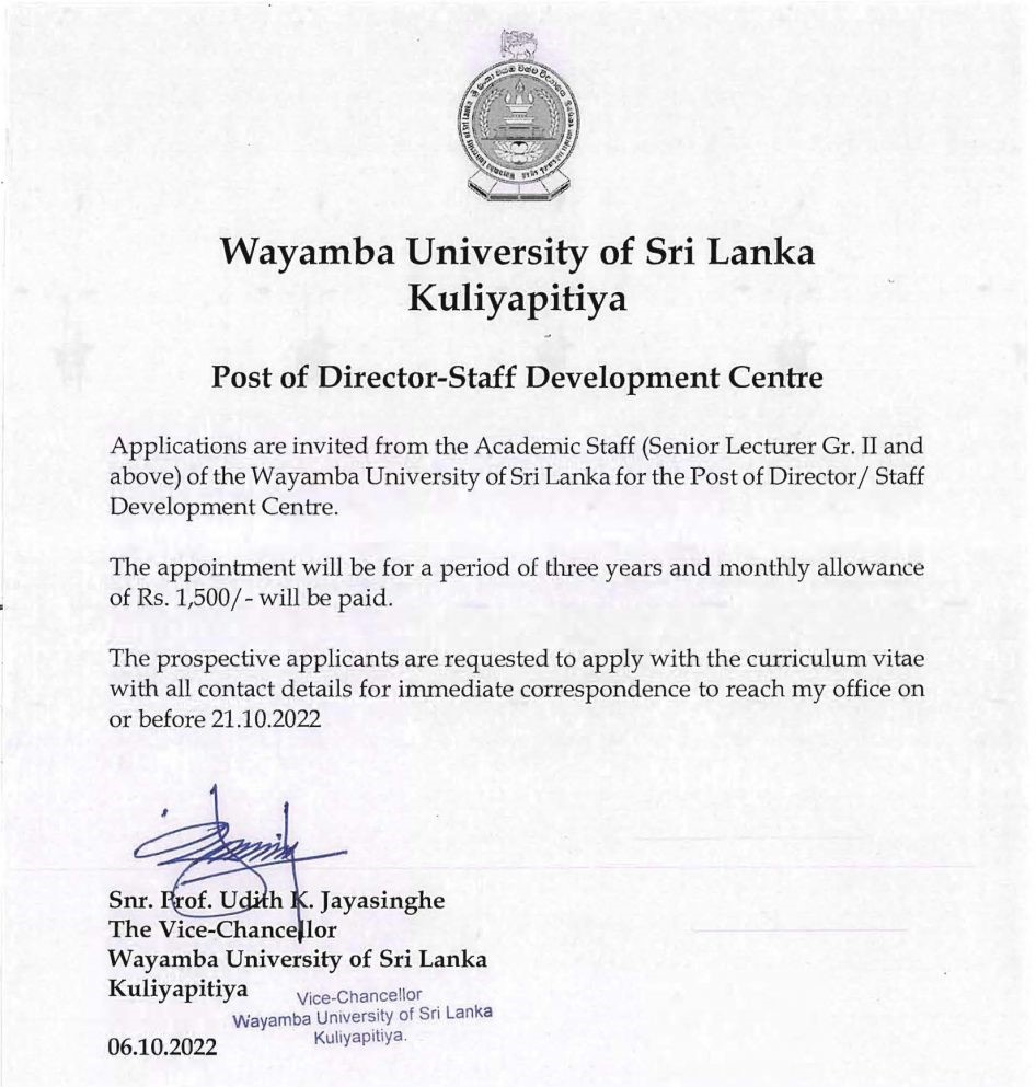 Director (Staff Development Centre) - Wayamba University of Sri Lanka