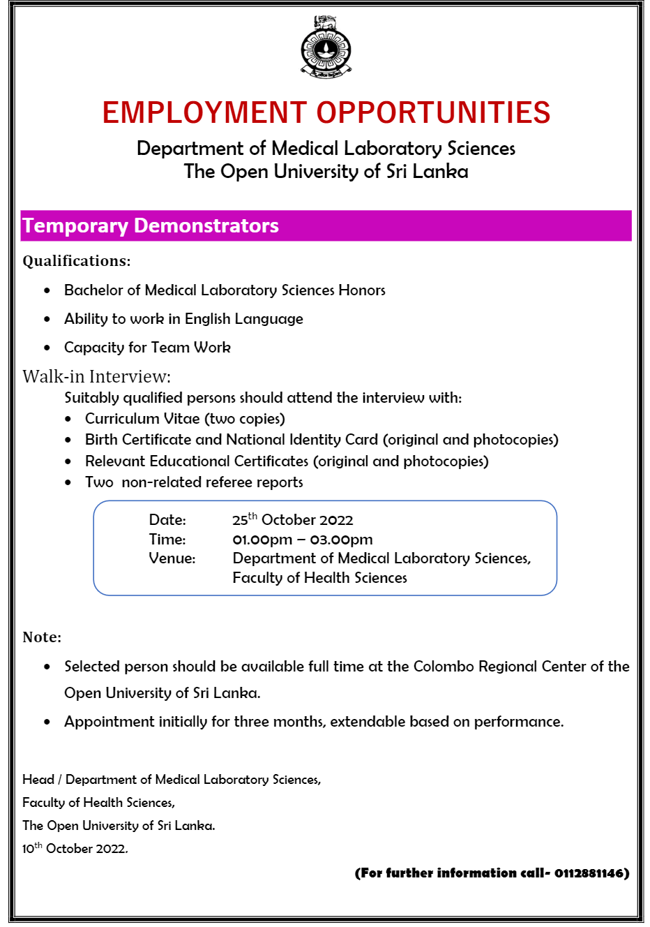 Demonstrator - The Open University of Sri Lanka