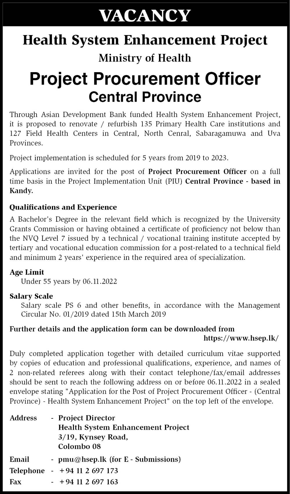 Project Procurement Officer - Health System Enhancement Project - Ministry of Health