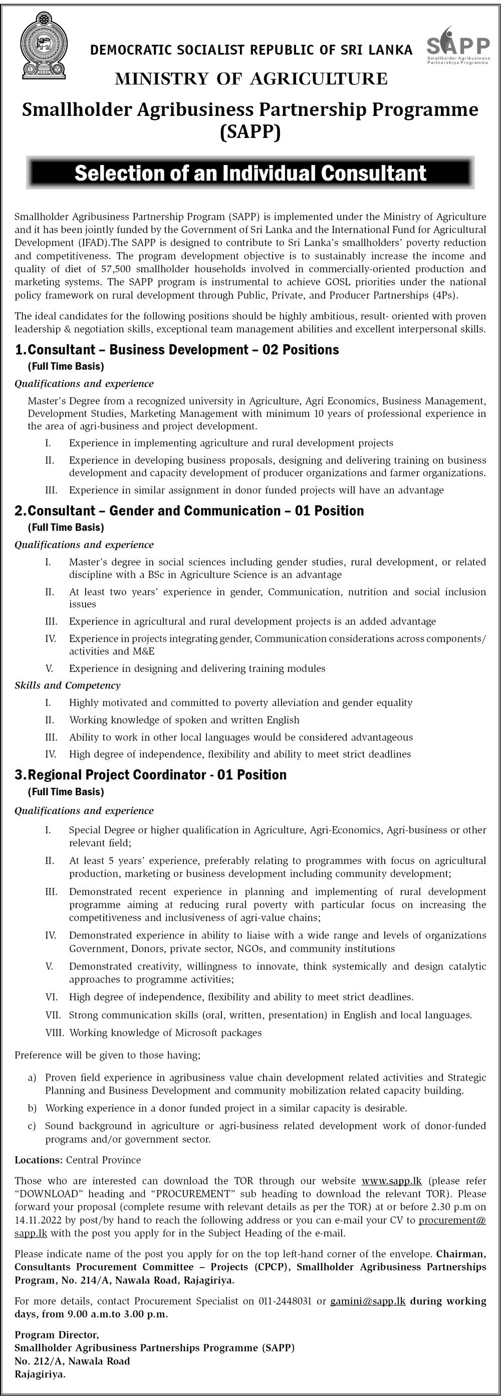 Consultant (Business Development, Gender & Communication), Regional Project Coordinator - Smallholder Agribusiness Partnership Programme - Ministry of Agriculture